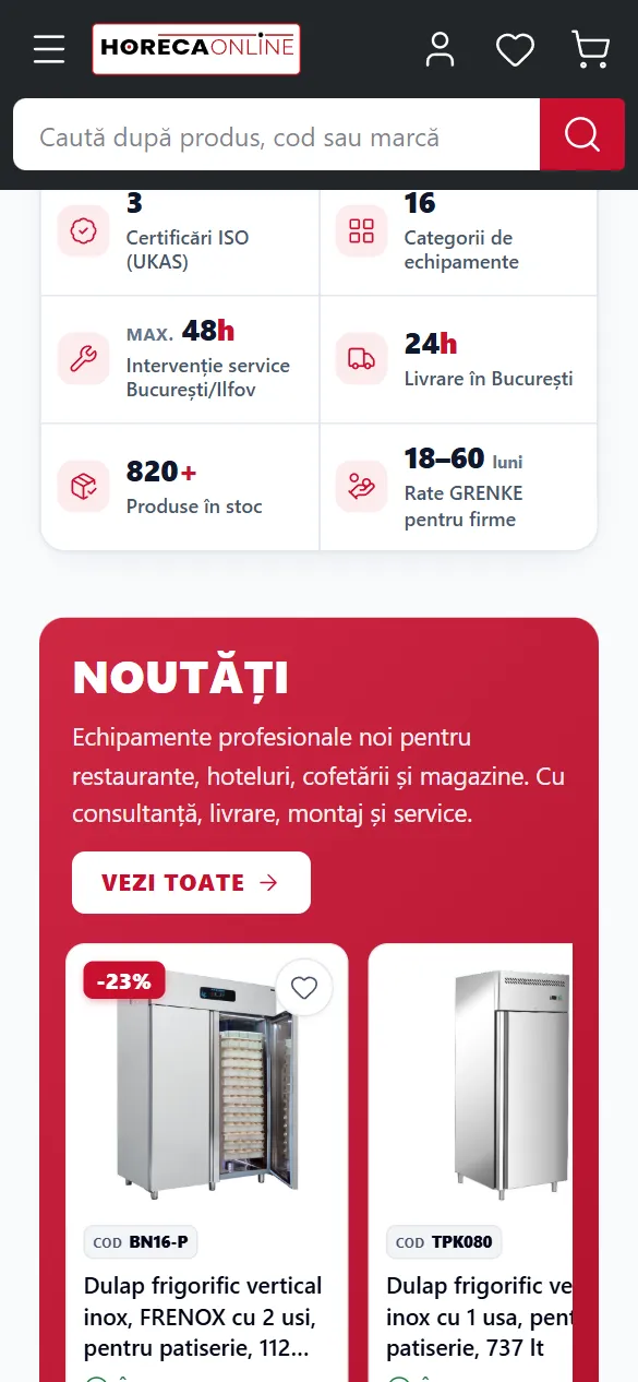 Prima pagină a site-ului Horecaonline.ro, pe telefon: căutare, casete cu date despre magazin și secțiunea Noutăți
