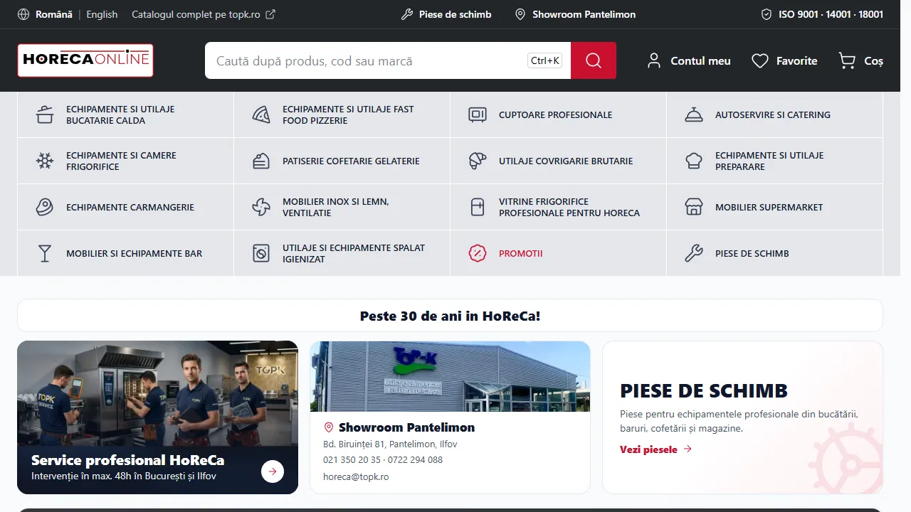 Prima pagină a site-ului Horecaonline.ro: căutare și meniul cu categoriile de echipamente